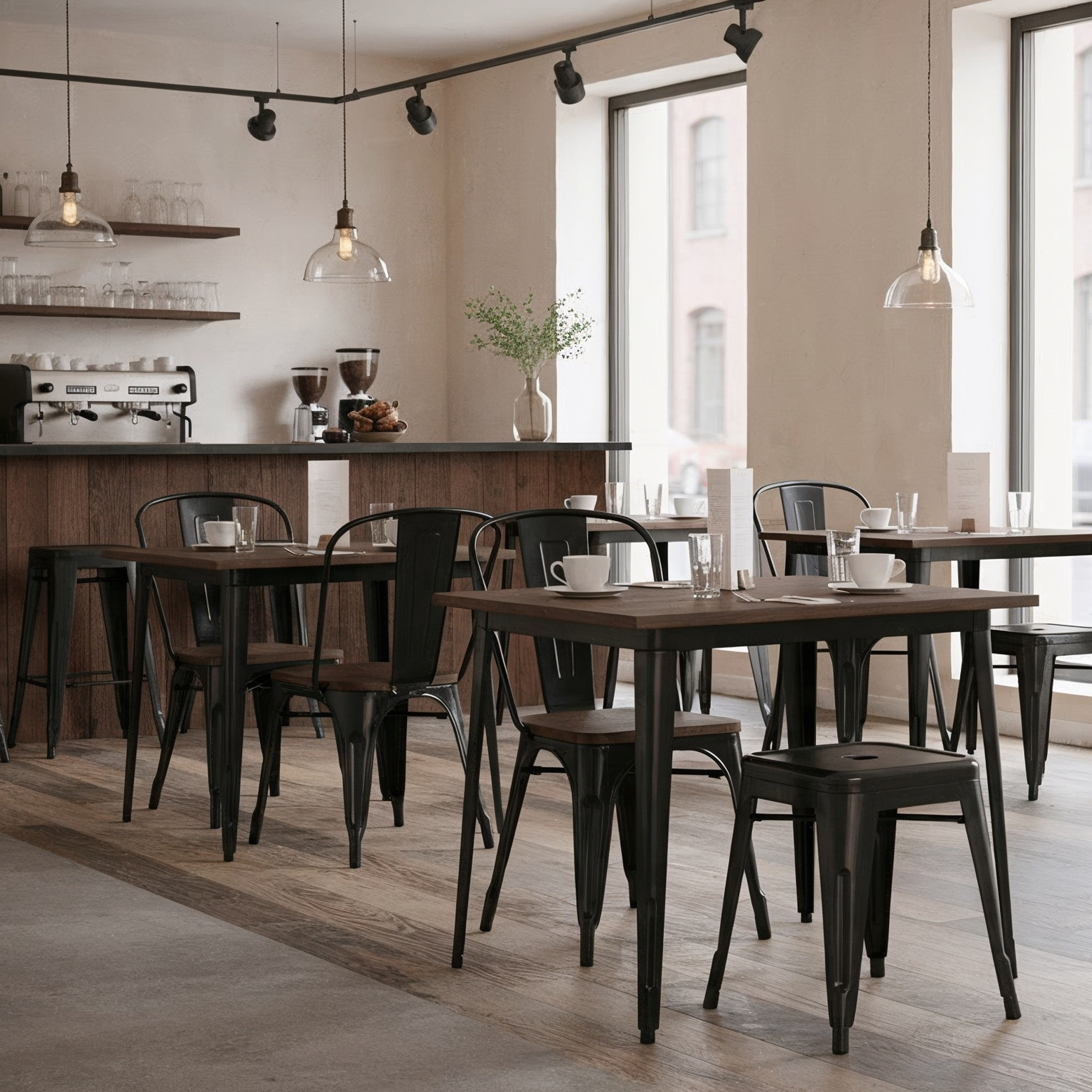 tolix timber chair with tolix table and cafe stool